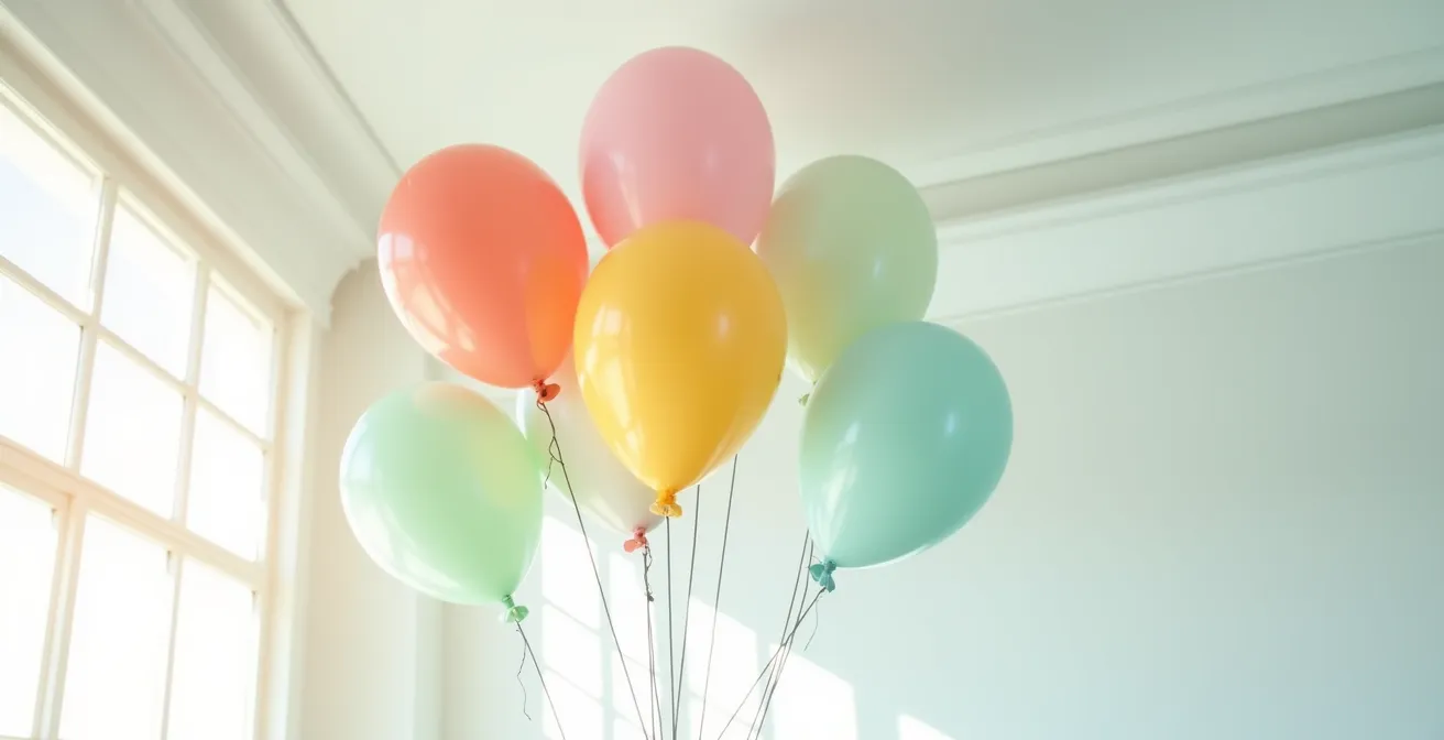 Composition de ballons colorés flottant dans un espace intérieur lumineux avec reflets naturels