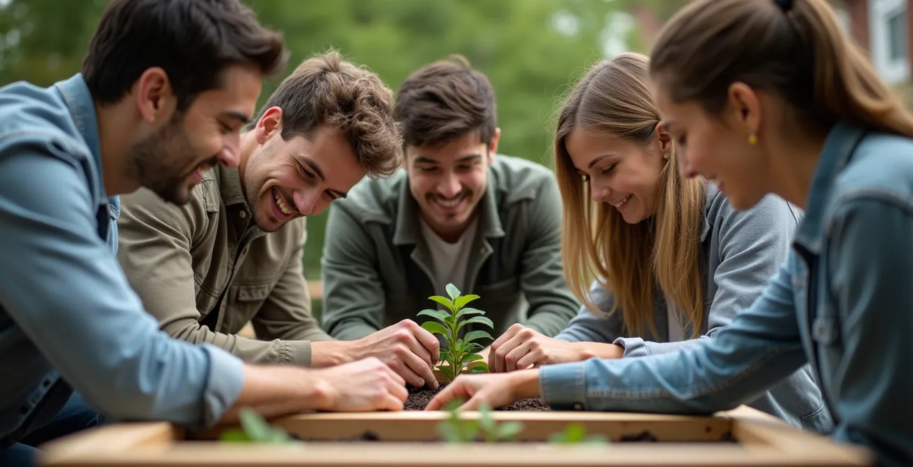 Groupe d'employés unissant leurs efforts sur un projet commun à impact social, montrant l'énergie collective positive