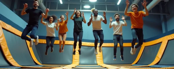Groupe diversifié de personnes s'amusant ensemble dans un trampoline park moderne, atmosphère conviviale et énergique