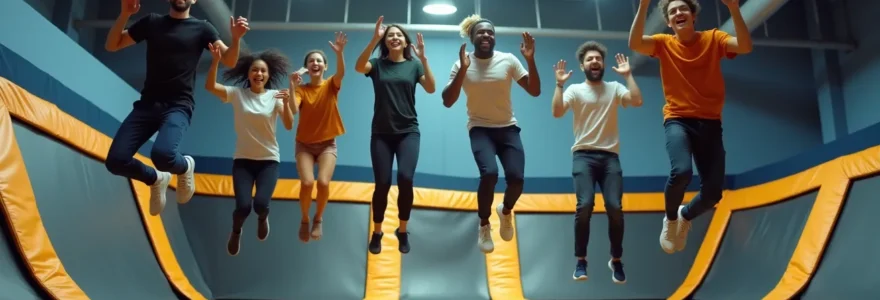 Groupe diversifié de personnes s'amusant ensemble dans un trampoline park moderne, atmosphère conviviale et énergique