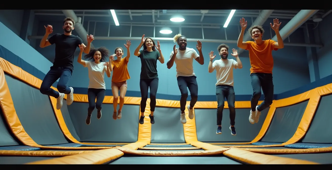 Groupe diversifié de personnes s'amusant ensemble dans un trampoline park moderne, atmosphère conviviale et énergique