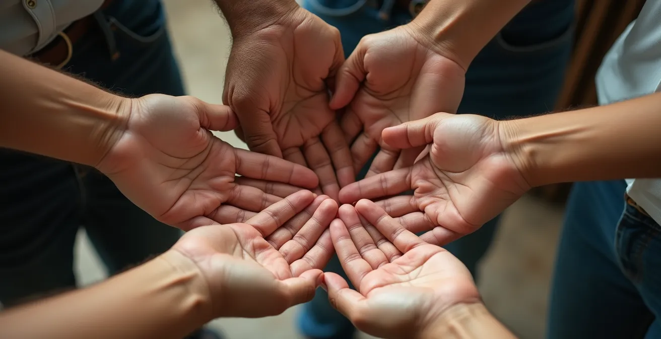 Gros plan sur plusieurs mains de personnes d'âges différents se rejoignant au centre en signe de collaboration et d'unité