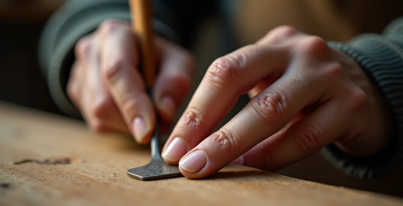 Gros plan sur les mains d'un artisan travaillant un matériau noble, montrant la texture et la précision du savoir-faire