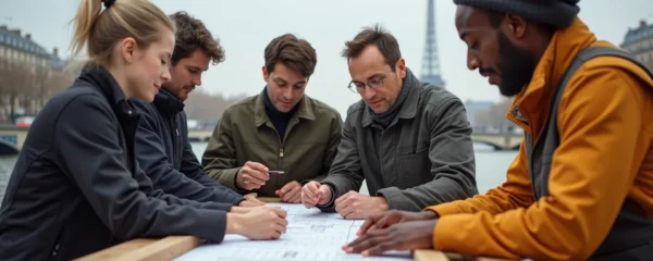 Équipe diverse en extérieur à Paris, collaborant sur un projet créatif avec des monuments historiques en arrière-plan