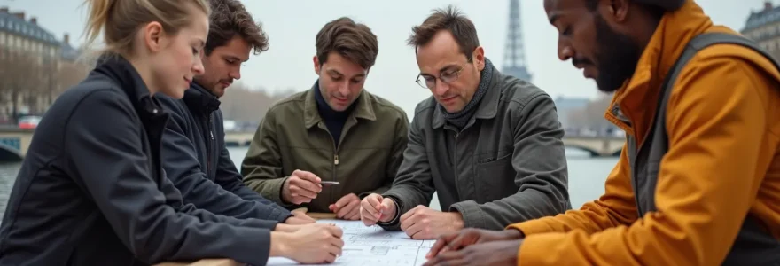Équipe diverse en extérieur à Paris, collaborant sur un projet créatif avec des monuments historiques en arrière-plan