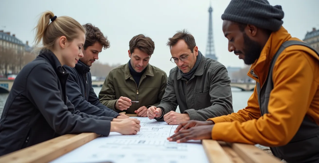 Équipe diverse en extérieur à Paris, collaborant sur un projet créatif avec des monuments historiques en arrière-plan
