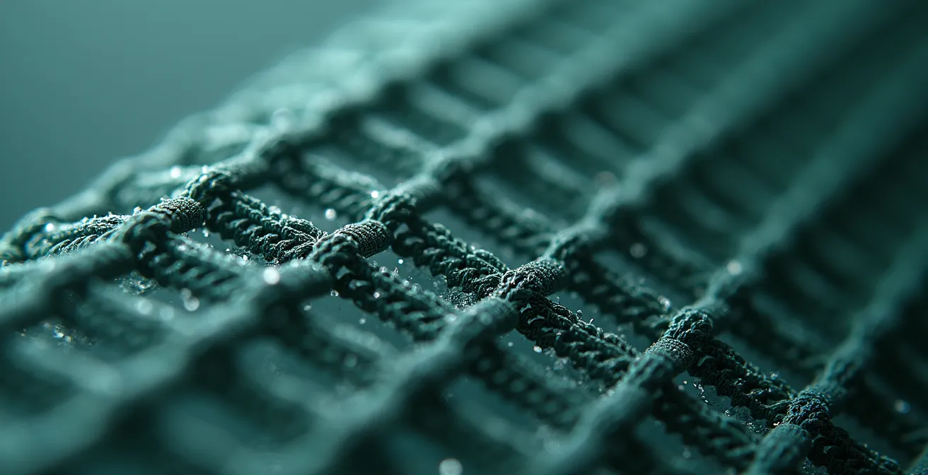 Gros plan macro sur la texture d'un filet de sécurité avec maillage fin et détails des fibres