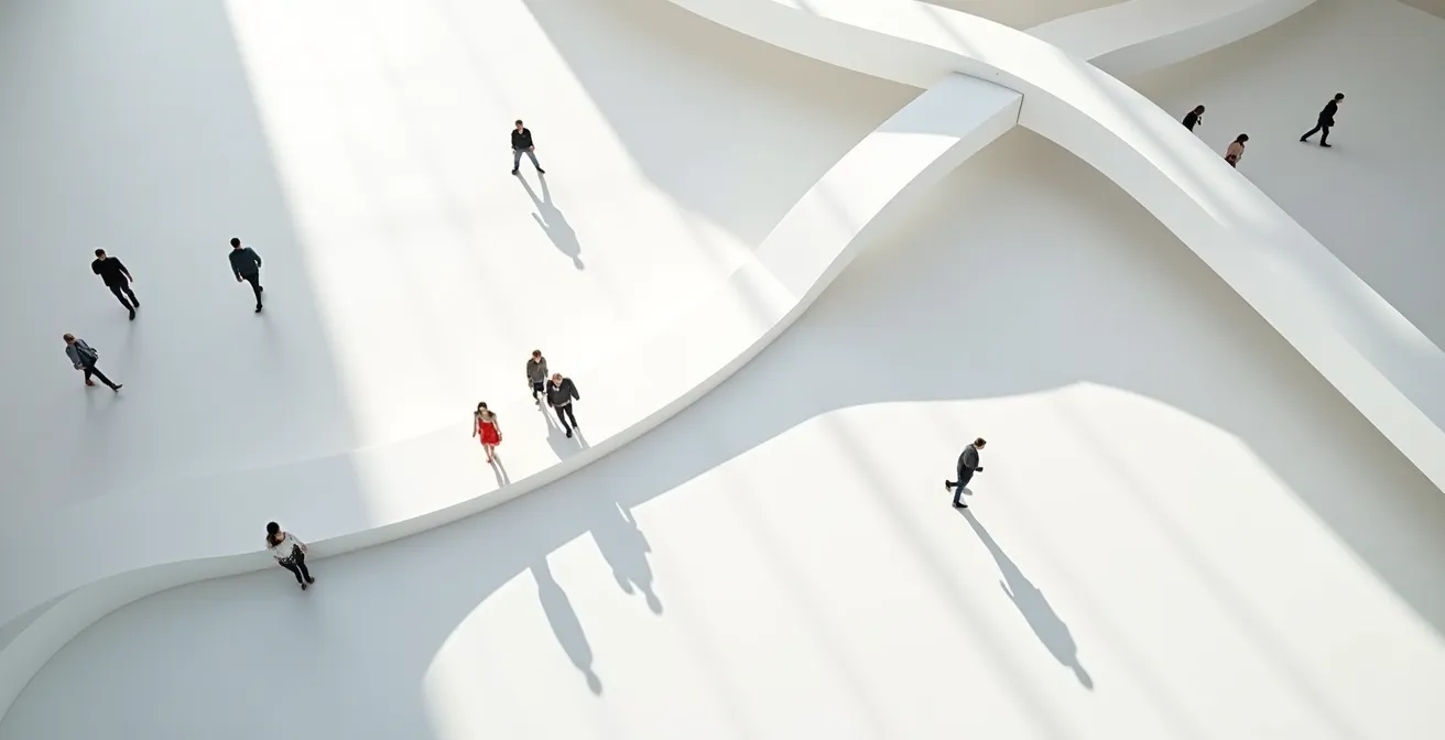 Vue aérienne minimaliste d'un parcours en trois étapes avec flux de circulation