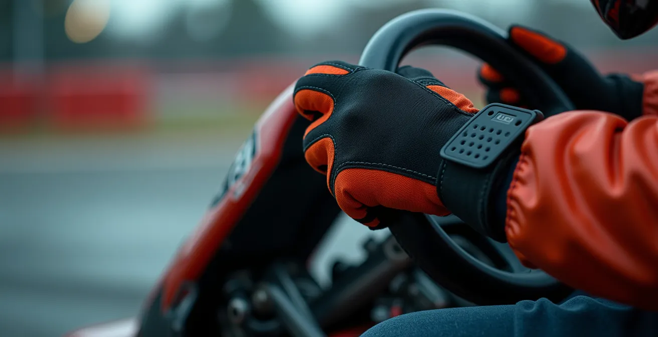 Détail macro des mains sur un volant de kart en action