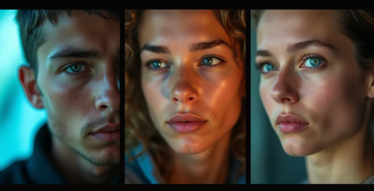 Montage photographique montrant trois portraits expressifs dans des environnements d'activités contrastés