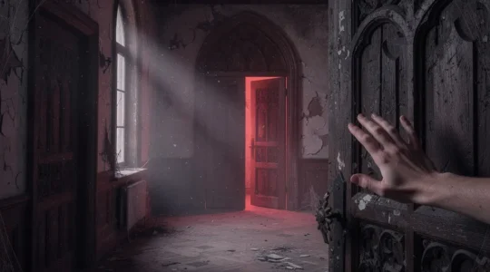 Couloir sombre d'un manoir abandonné avec lumière rouge atmosphérique pour escape game horreur