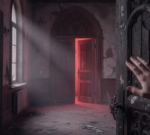Couloir sombre d'un manoir abandonné avec lumière rouge atmosphérique pour escape game horreur