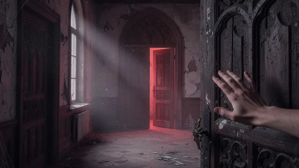Couloir sombre d'un manoir abandonné avec lumière rouge atmosphérique pour escape game horreur