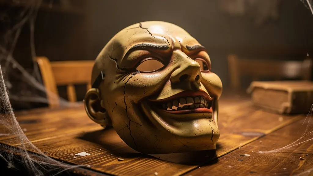 Masque théâtral d'horreur posé sur une table vintage dans un décor d'escape game