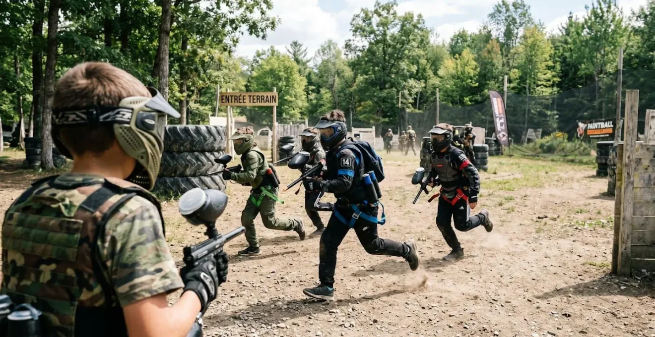 Vue de dos d'un groupe d'enfants équipés de masques de protection paintball en action sur un terrain extérieur verdoyant sous lumière naturelle