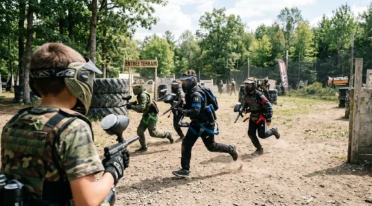 Vue de dos d'un groupe d'enfants équipés de masques de protection paintball en action sur un terrain extérieur verdoyant sous lumière naturelle