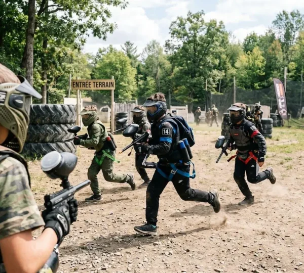 Vue de dos d'un groupe d'enfants équipés de masques de protection paintball en action sur un terrain extérieur verdoyant sous lumière naturelle