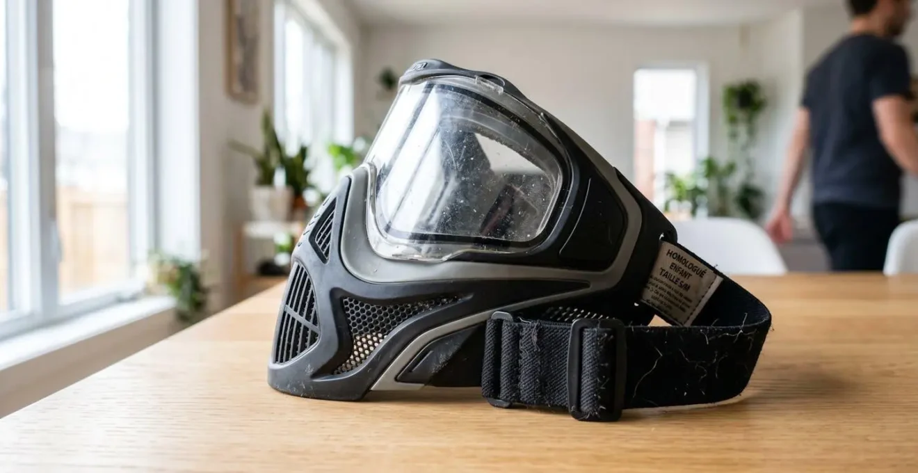 Gros plan sur un masque de protection paintball pour enfant posé sur une surface moderne avec détail des sangles de réglage et de la visière transparente