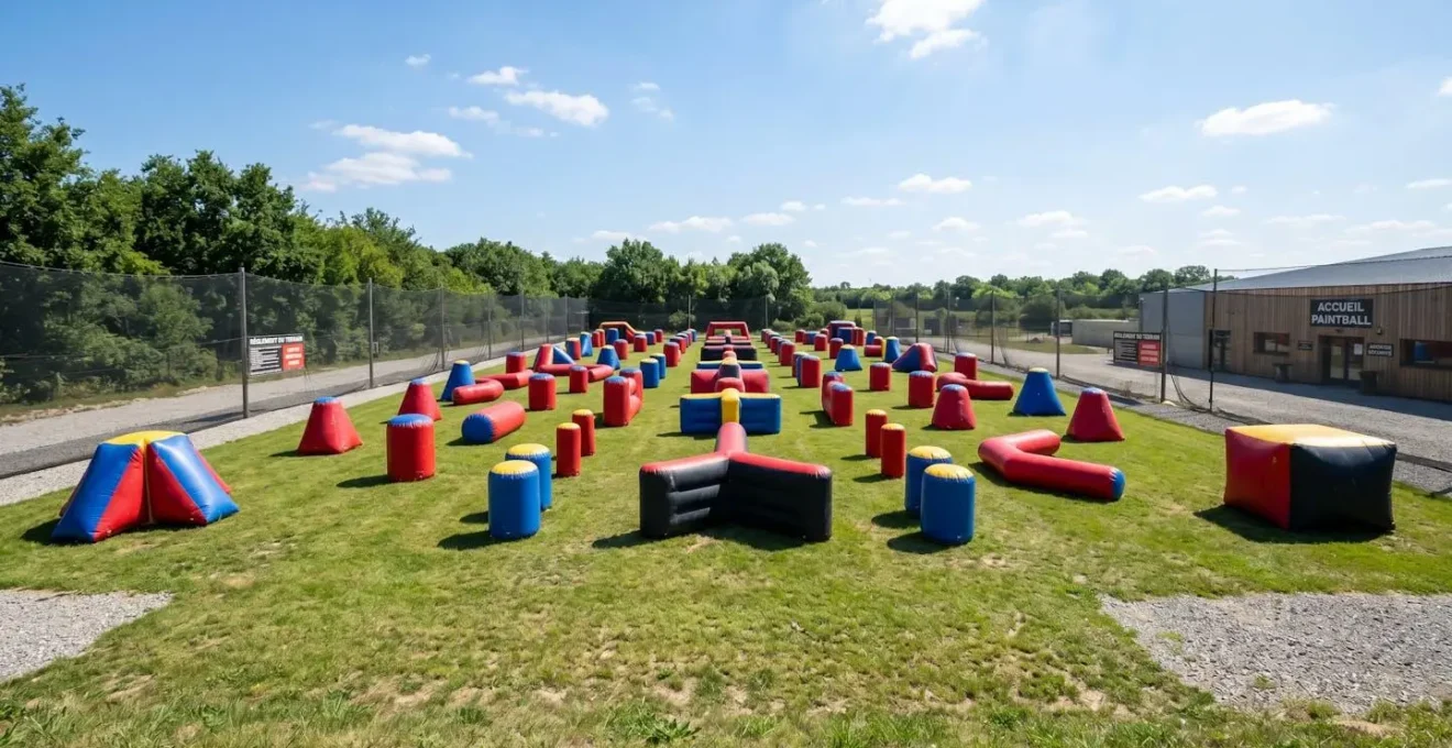 Vue large d'un terrain de paintball extérieur avec structures gonflables colorées de type airball et obstacles tactiques, terrain vide prêt à l'action sous lumière naturelle