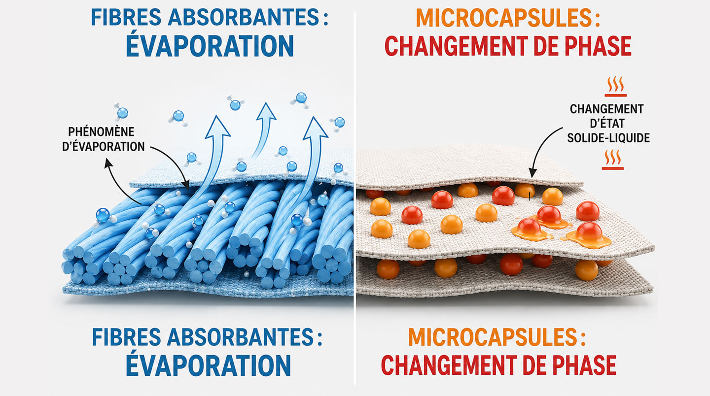 Schéma comparatif des deux technologies de refroidissement textile : évaporation et changement de phase.