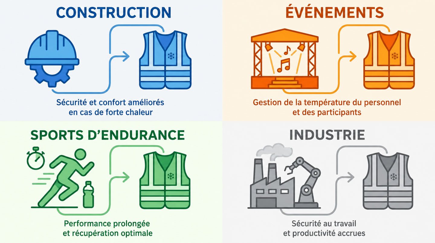 Infographie montrant les quatre domaines d'application principaux des vestes rafraîchissantes.