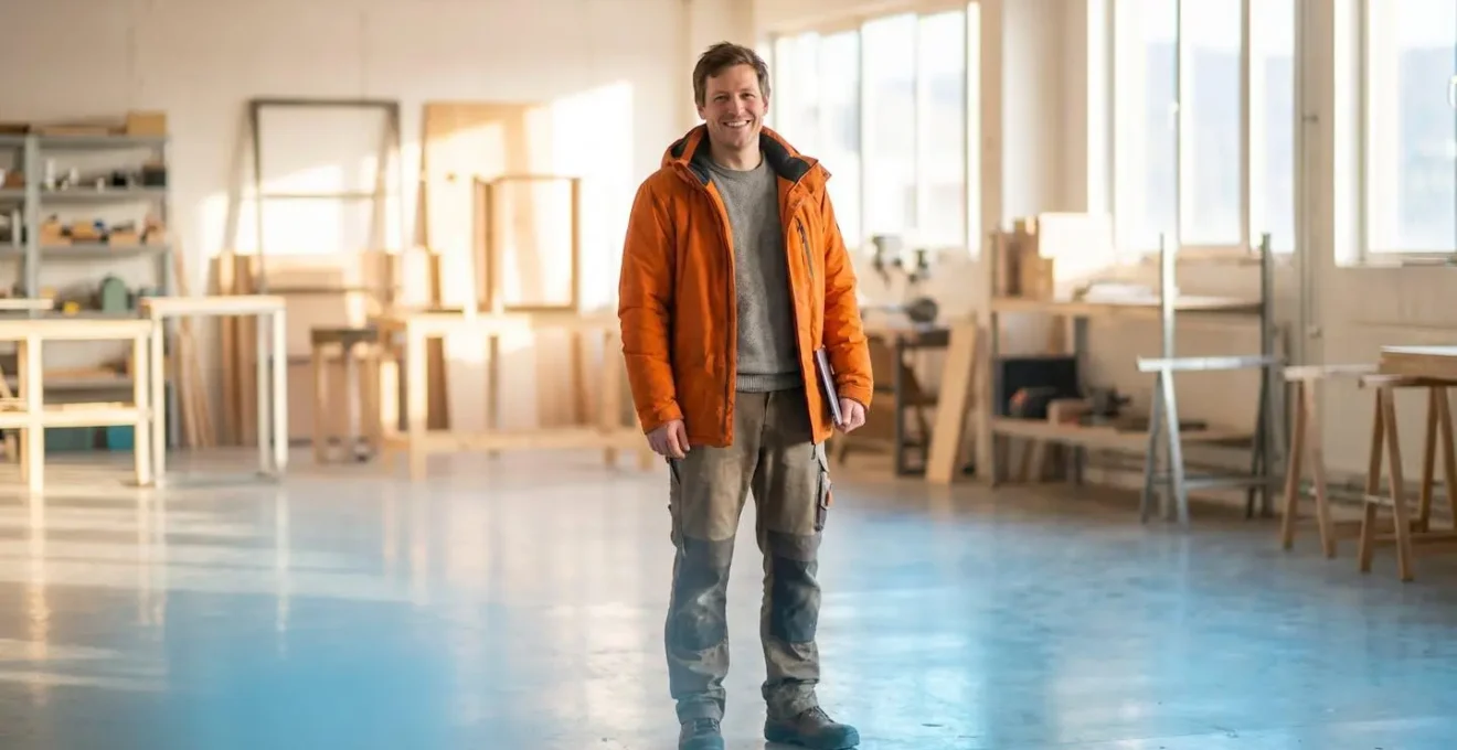 Un professionnel portant une veste réfrigérante dans un environnement de travail chaleureux, expression confiante.
