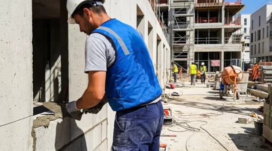 Un professionnel portant une veste réfrigérante dans un environnement de travail chaleureux, expression confiante.