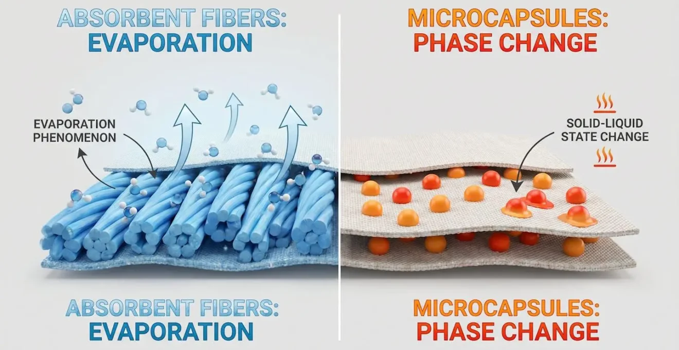 Schéma comparatif des deux technologies de refroidissement textile : évaporation et changement de phase.