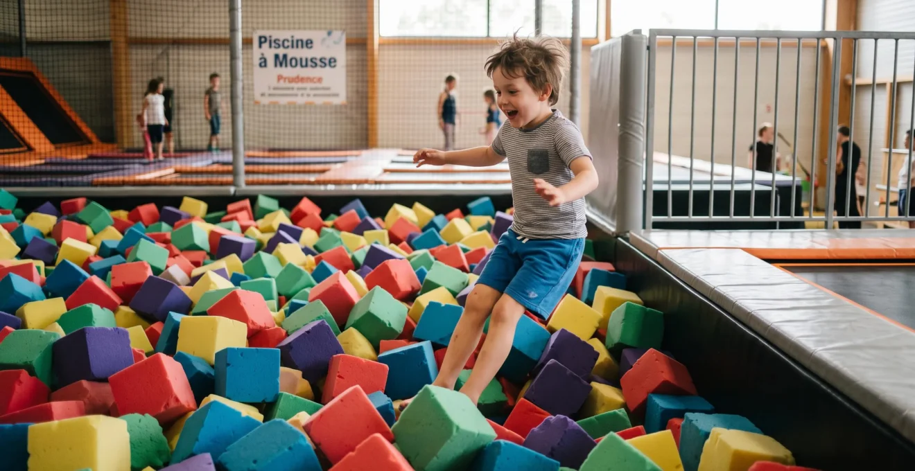Enfant d'environ 6-8 ans en train d'atterrir dans un grand bac à mousse rempli de cubes colorés dans un trampoline park