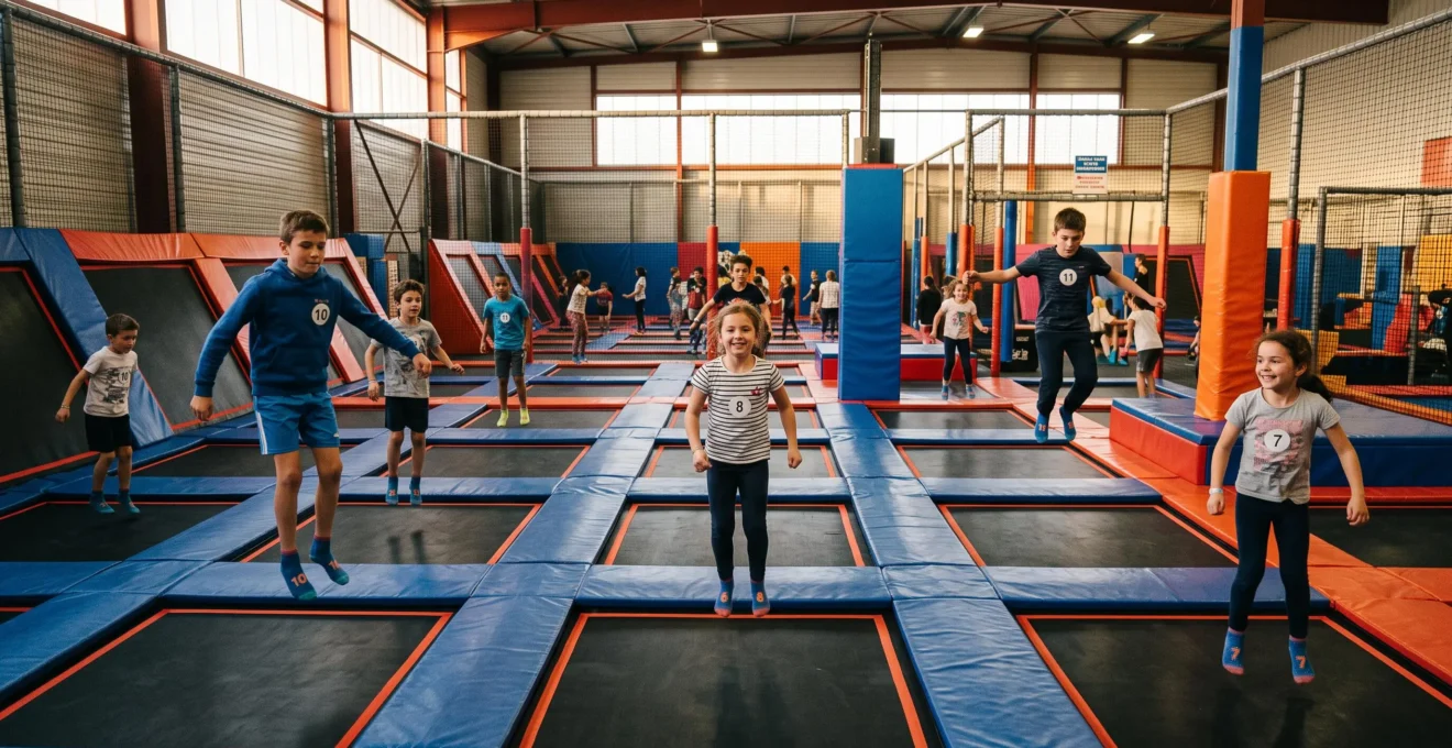 Vue intérieure d'un trampoline park moderne montrant plusieurs enfants et pré-adolescents sautant simultanément sur la zone de trampolines libres interconnectés