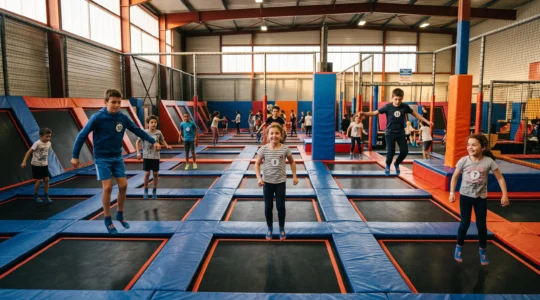 Vue intérieure d'un trampoline park moderne montrant plusieurs enfants et pré-adolescents sautant simultanément sur la zone de trampolines libres interconnectés